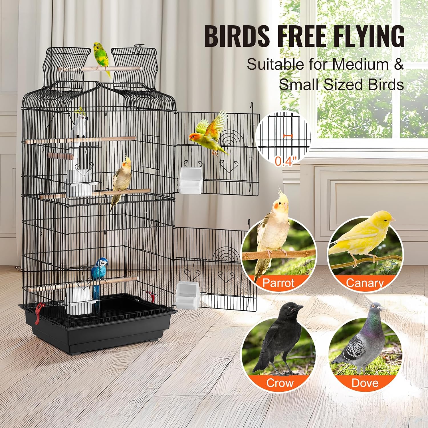 VEVOR 41-inch Open Top Large Parrot Bird Cage, Hanging Bird Cage for Parakeets Finches Canaries Lovebirds Cockatiels Budgies Small Quaker Conures Travel Pet Flight Birdcage with Swing and Perch