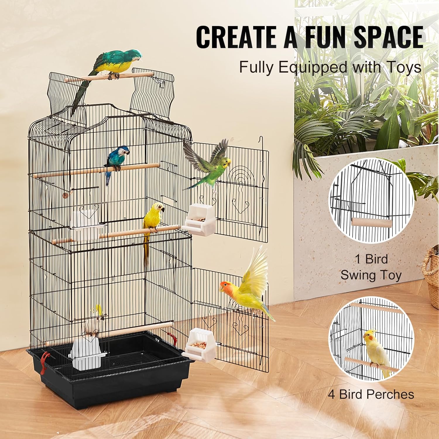 VEVOR 41-inch Open Top Large Parrot Bird Cage, Hanging Bird Cage for Parakeets Finches Canaries Lovebirds Cockatiels Budgies Small Quaker Conures Travel Pet Flight Birdcage with Swing and Perch