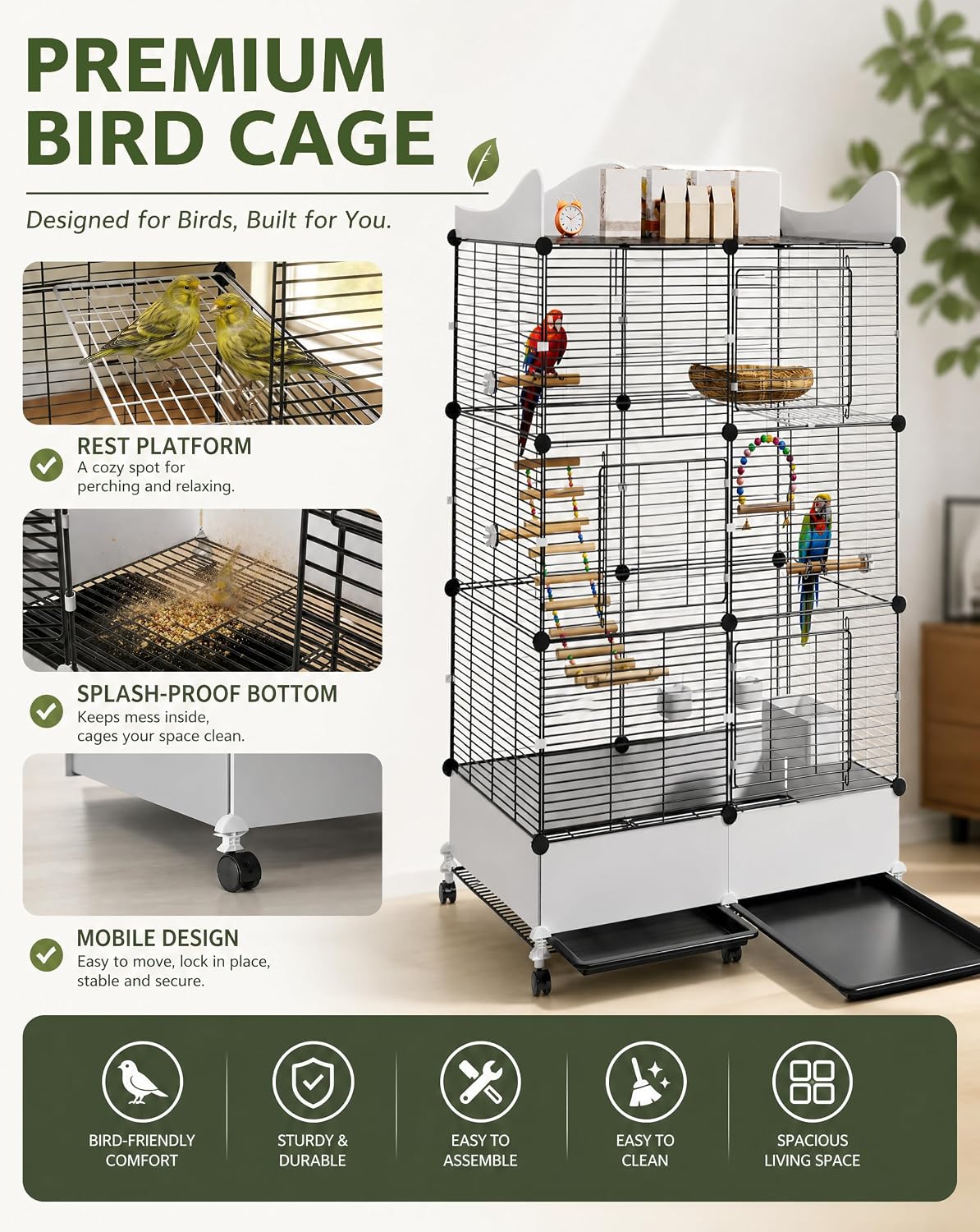 Encrypted Bird Cage Large Bird Cages 57-Inch, Top Storage Space, Bottom Splash Guard with Essential Bird Supplies – Durable & Spacious Aviary – Budgies & Cockatiels