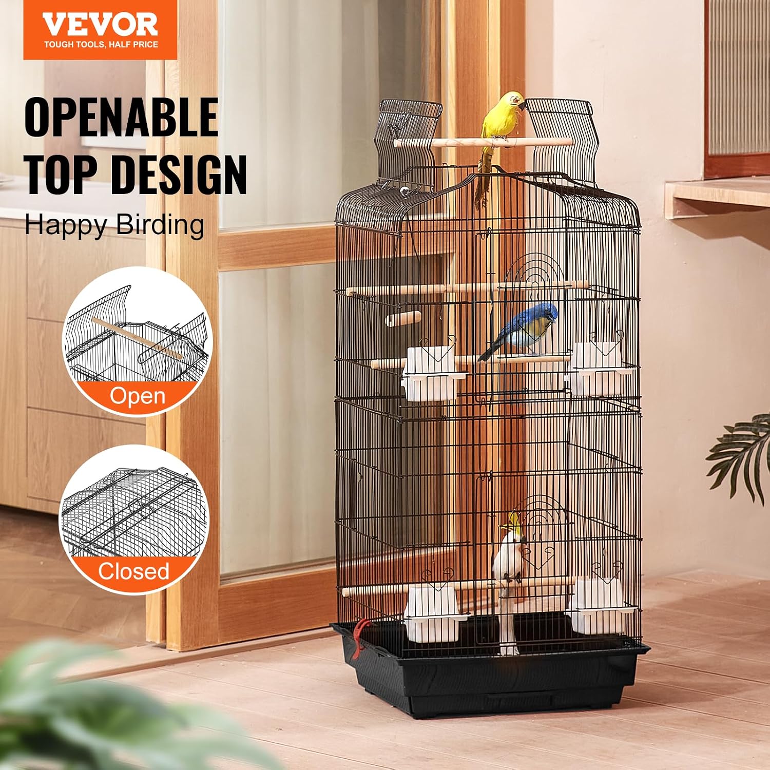 VEVOR 41-inch Open Top Large Parrot Bird Cage, Hanging Bird Cage for Parakeets Finches Canaries Lovebirds Cockatiels Budgies Small Quaker Conures Travel Pet Flight Birdcage with Swing and Perch