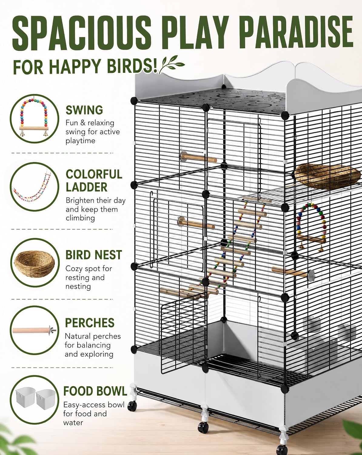 Encrypted Bird Cage Large Bird Cages 57-Inch, Top Storage Space, Bottom Splash Guard with Essential Bird Supplies – Durable & Spacious Aviary – Budgies & Cockatiels
