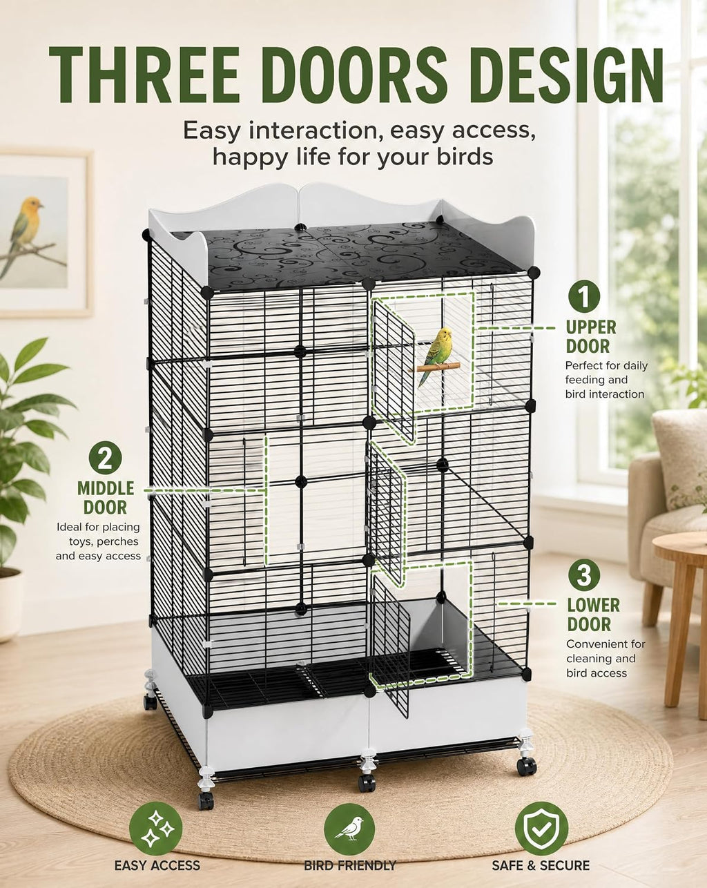 Encrypted Bird Cage Large Bird Cages 57-Inch, Top Storage Space, Bottom Splash Guard with Essential Bird Supplies – Durable & Spacious Aviary – Budgies & Cockatiels