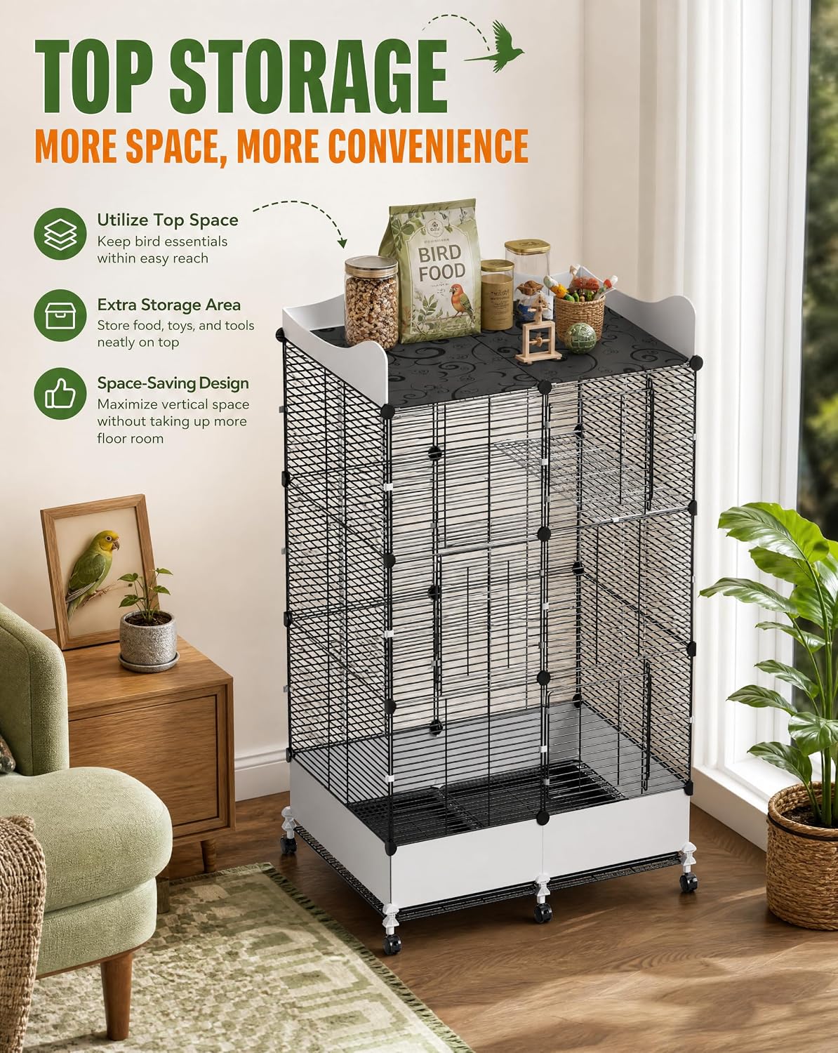Encrypted Bird Cage Large Bird Cages 57-Inch, Top Storage Space, Bottom Splash Guard with Essential Bird Supplies – Durable & Spacious Aviary – Budgies & Cockatiels